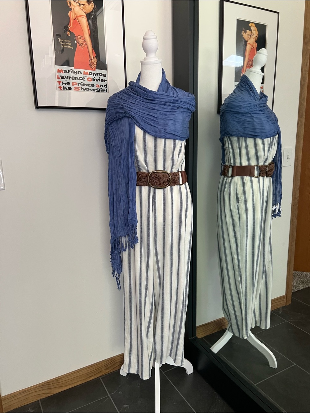Old Navy Striped Linen-Blend Wide Leg Jumpsuit in White & Navy Medium